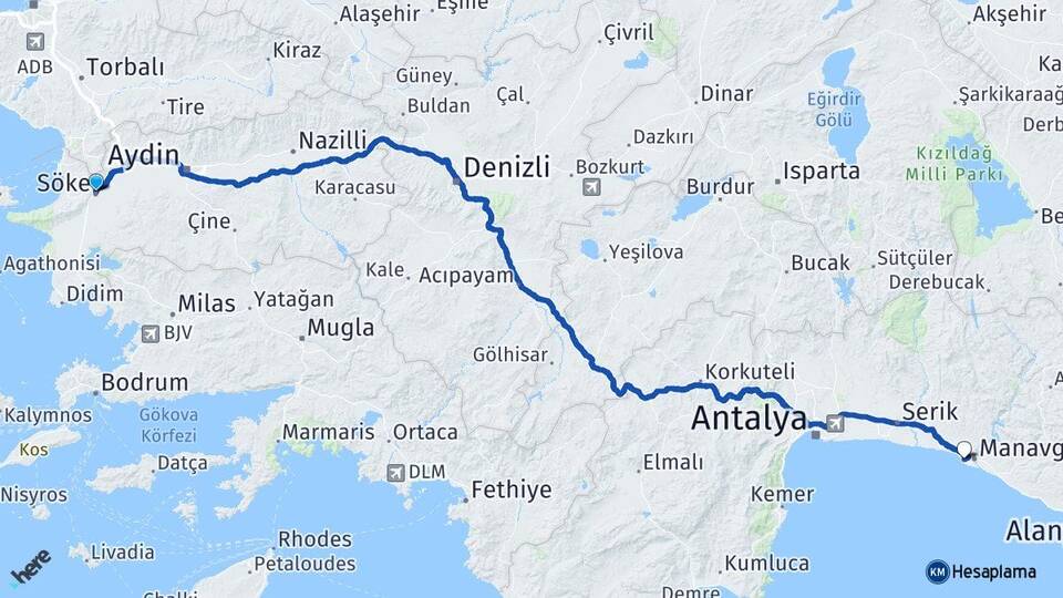 Aydın Söke Side Manavgat Antalya Arası Kaç Km - Yol Haritası