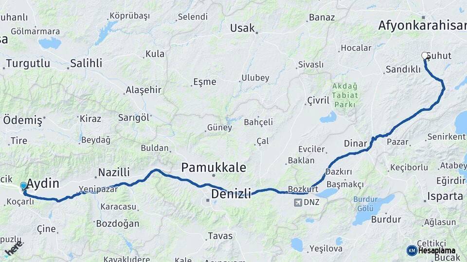Aydın Şuhut Afyonkarahisar Arası Kaç Km - Yol Haritası