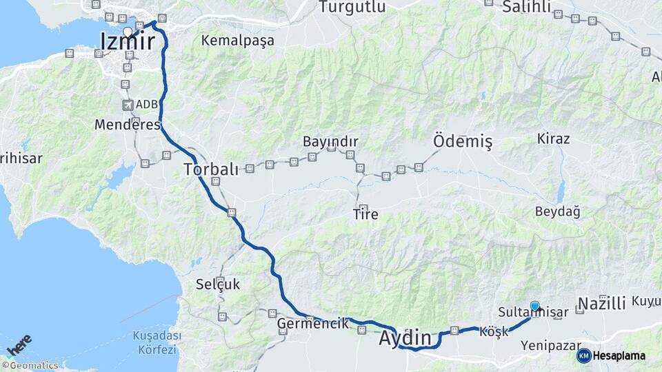 Aydın Sultanhisar İzmir Arası Kaç Km - Yol Haritası