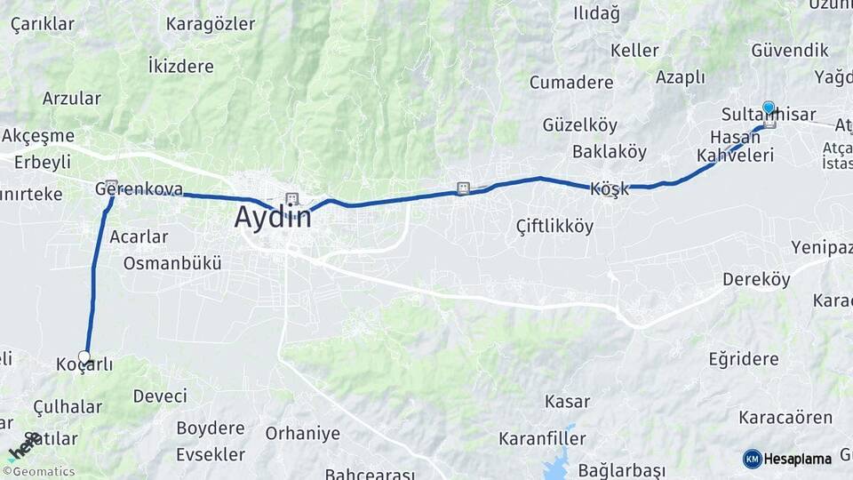 Aydın Sultanhisar Koçarlı Arası Kaç Km - Yol Haritası