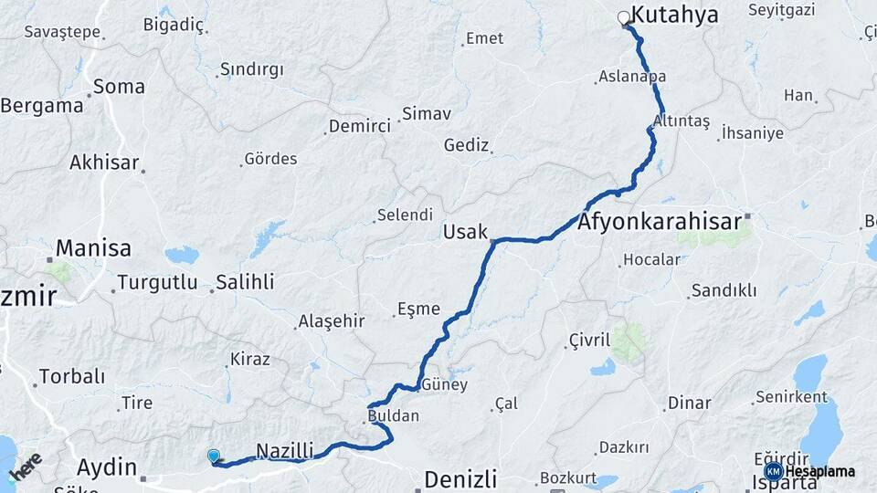 Aydın Sultanhisar Kütahya Arası Kaç Km - Yol Haritası