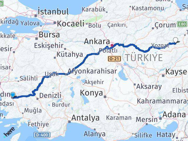 Aydın Sulusaray Tokat Arası Kaç Km - Yol Haritası