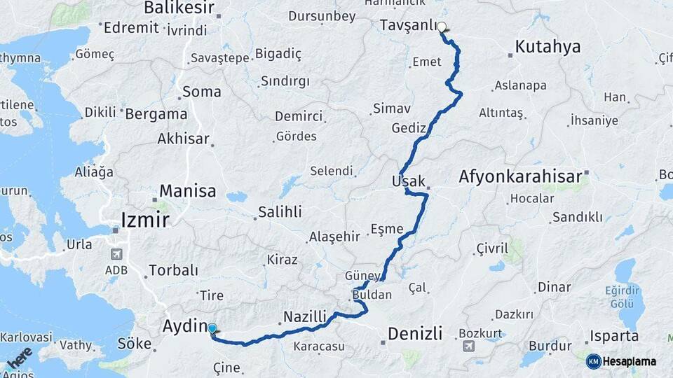 Aydın Tavşanlı Kütahya Arası Kaç Km - Yol Haritası