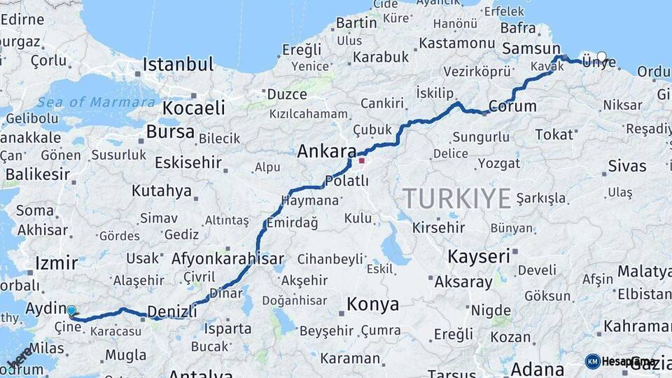 Aydın Terme Samsun Arası Kaç Km - Yol Haritası