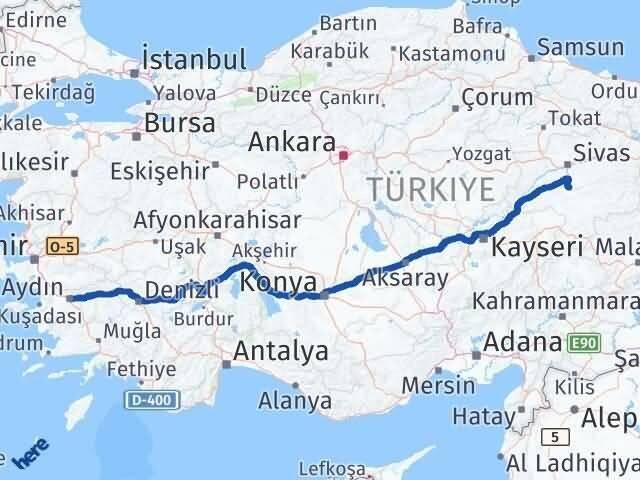 Aydın Ulaş Sivas Arası Kaç Km - Yol Haritası