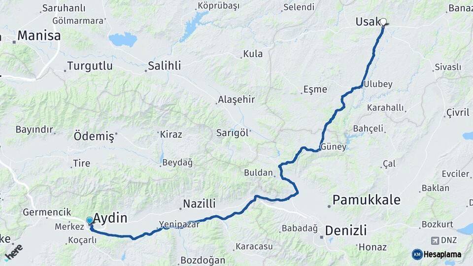 Aydın Uşak Arası Kaç Km - Yol Haritası