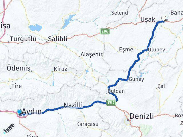Aydın Uşak Havalimanı Arası Kaç Km - Yol Haritası