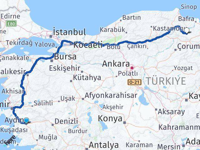 Aydın Vezirköprü Samsun Arası Kaç Km - Yol Haritası