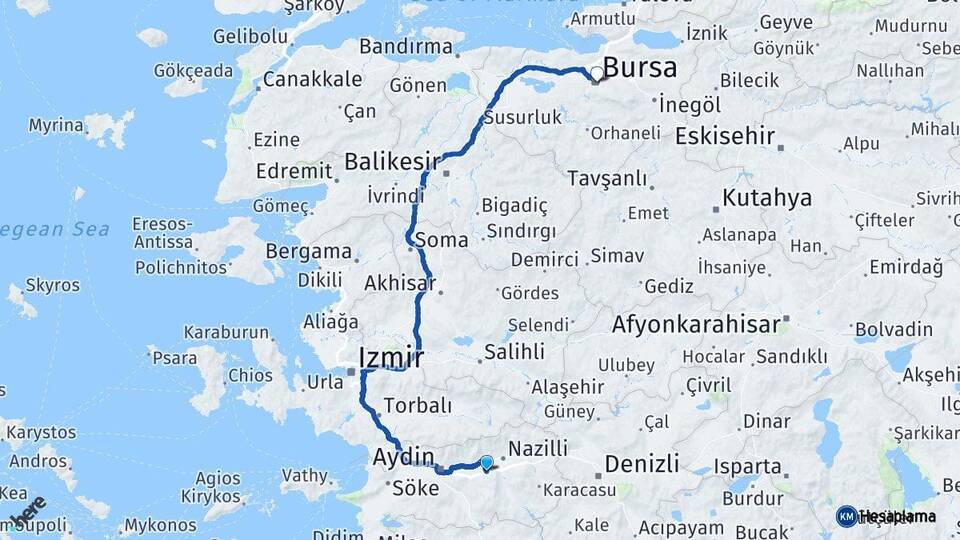 Aydın Yenipazar Bursa Arası Kaç Km - Yol Haritası