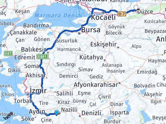 Aydın Yenipazar Düzce Arası Kaç Km - Yol Haritası