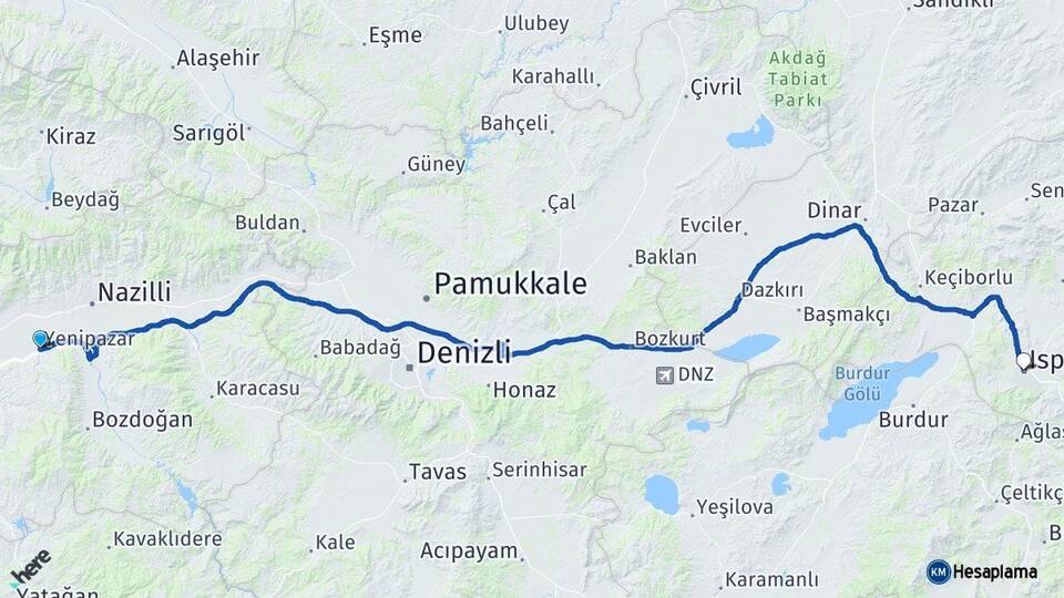 Aydın Yenipazar Isparta Arası Kaç Km - Yol Haritası