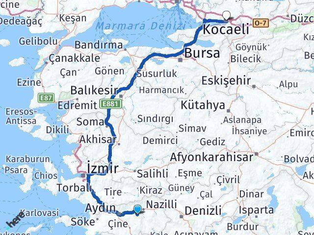 Aydın Yenipazar Kocaeli Arası Kaç Km - Yol Haritası