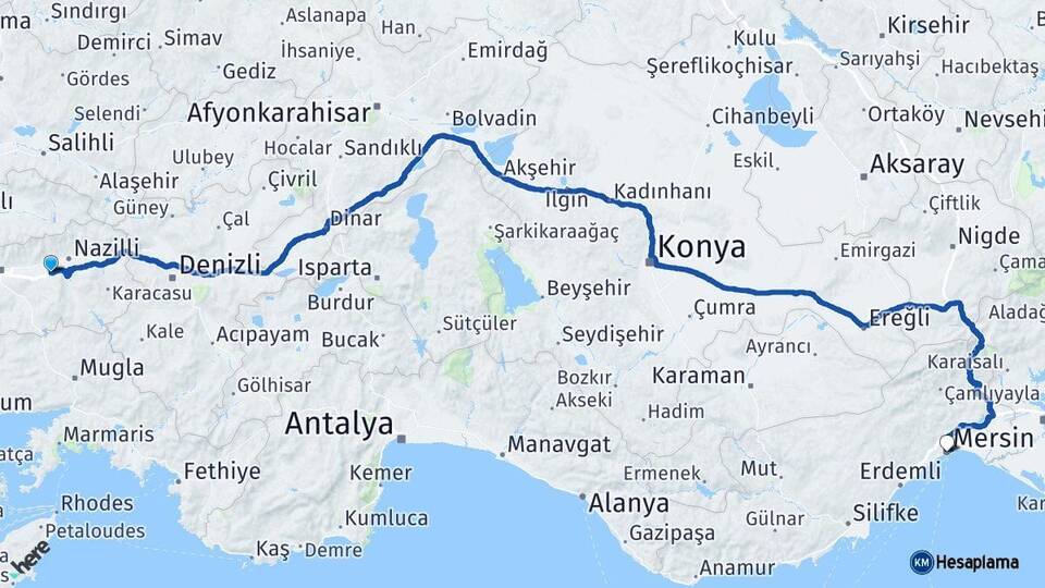 Aydın Yenipazar Mersin Arası Kaç Km - Yol Haritası