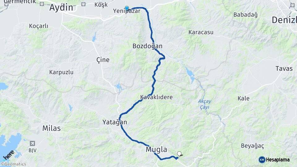 Aydın Yenipazar Muğla Arası Kaç Km - Yol Haritası