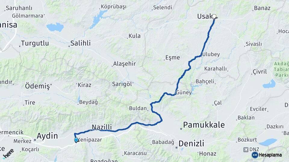 Aydın Yenipazar Uşak Arası Kaç Km - Yol Haritası