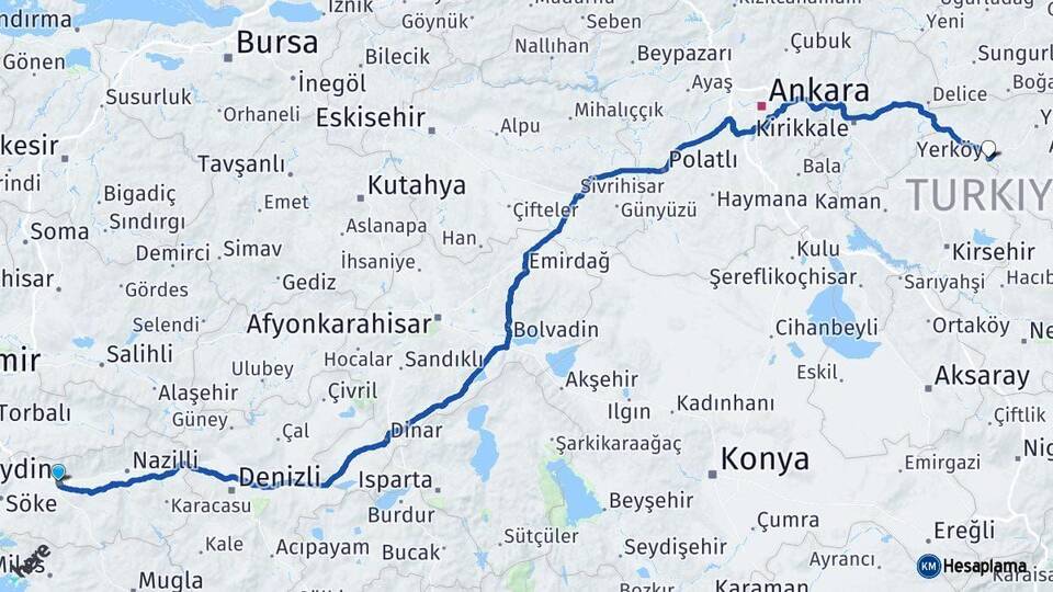 Aydın Yerköy Yozgat Arası Kaç Km - Yol Haritası