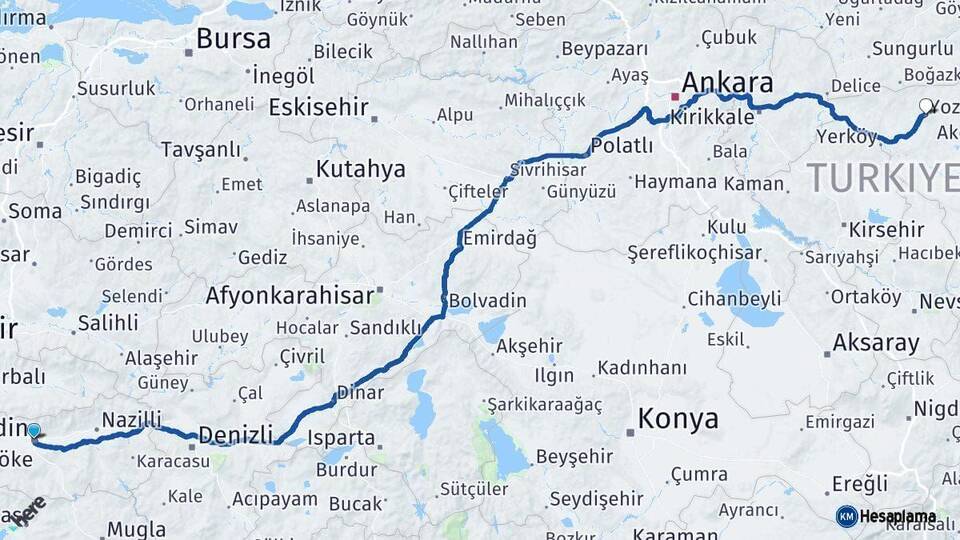 Aydın Yozgat Arası Kaç Km - Yol Haritası