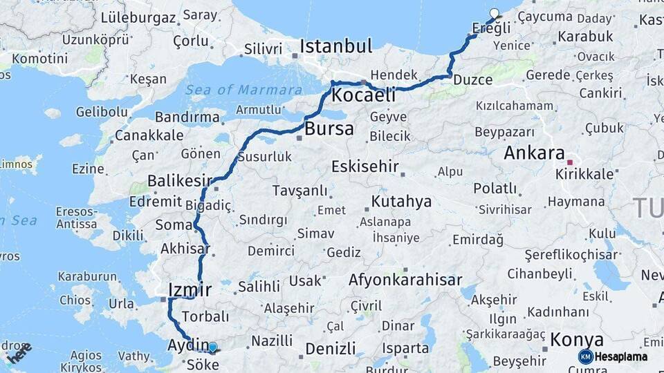 Aydın Zonguldak Arası Kaç Km - Yol Haritası