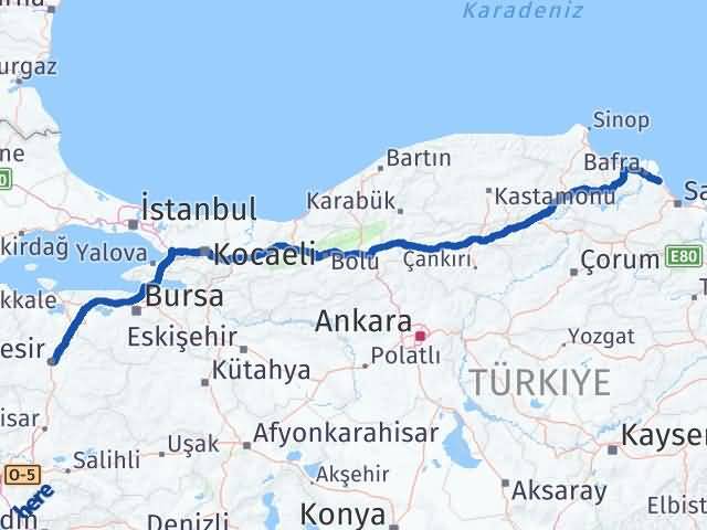 Balıkesir 19 Mayıs Samsun Arası Kaç Km - Yol Haritası