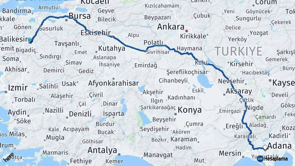 Balıkesir Adana Arası Kaç Km - Yol Haritası