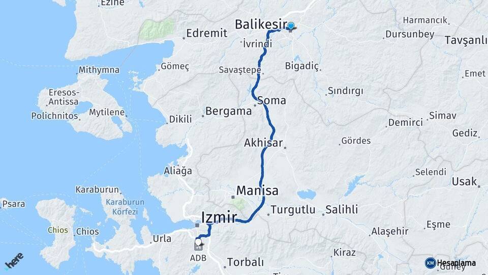 Balıkesir Adnan Menderes Havalimanı Arası Kaç Km - Yol Haritası