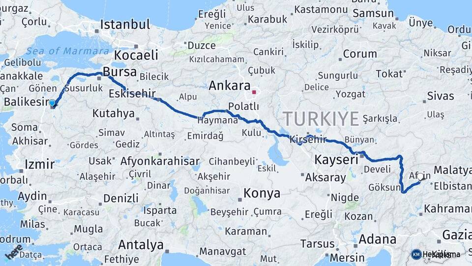 Balıkesir Afşin Kahramanmaraş Arası Kaç Km - Yol Haritası