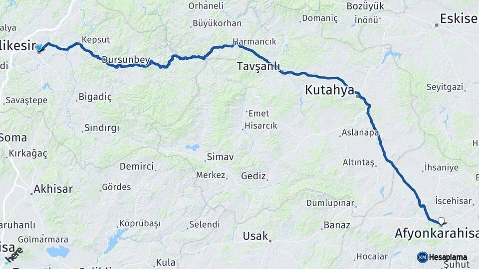 Balıkesir Afyonkarahisar Arası Kaç Km - Yol Haritası