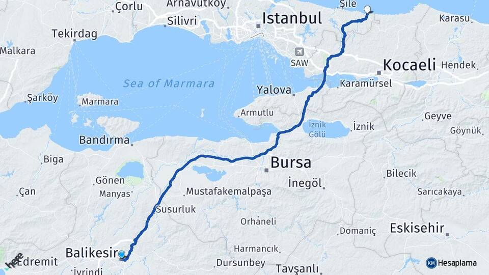 Balıkesir Ağva Şile İstanbul Arası Kaç Km - Yol Haritası