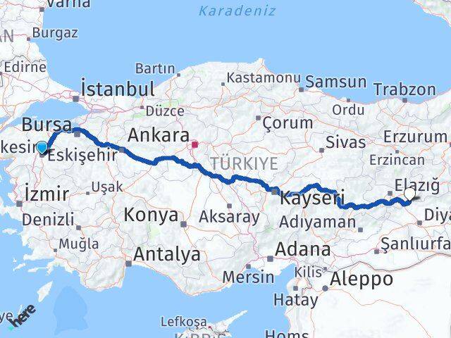 Balıkesir Alacakaya Elazığ Arası Kaç Km - Yol Haritası