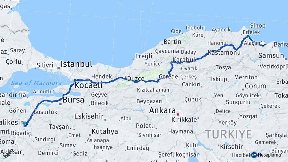 Balıkesir Alaçam Samsun Arası Kaç Km - Yol Haritası