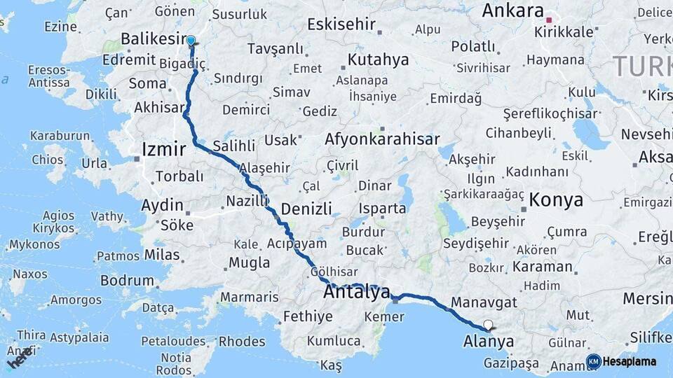 Balıkesir Alanya Antalya Arası Kaç Km - Yol Haritası
