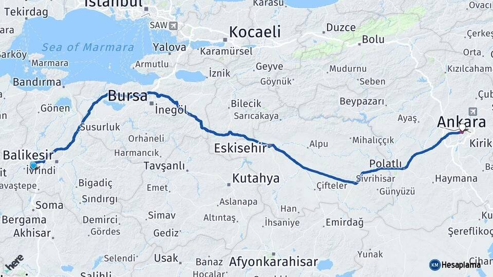 Balıkesir Altıeylül Ankara Arası Kaç Km - Yol Haritası