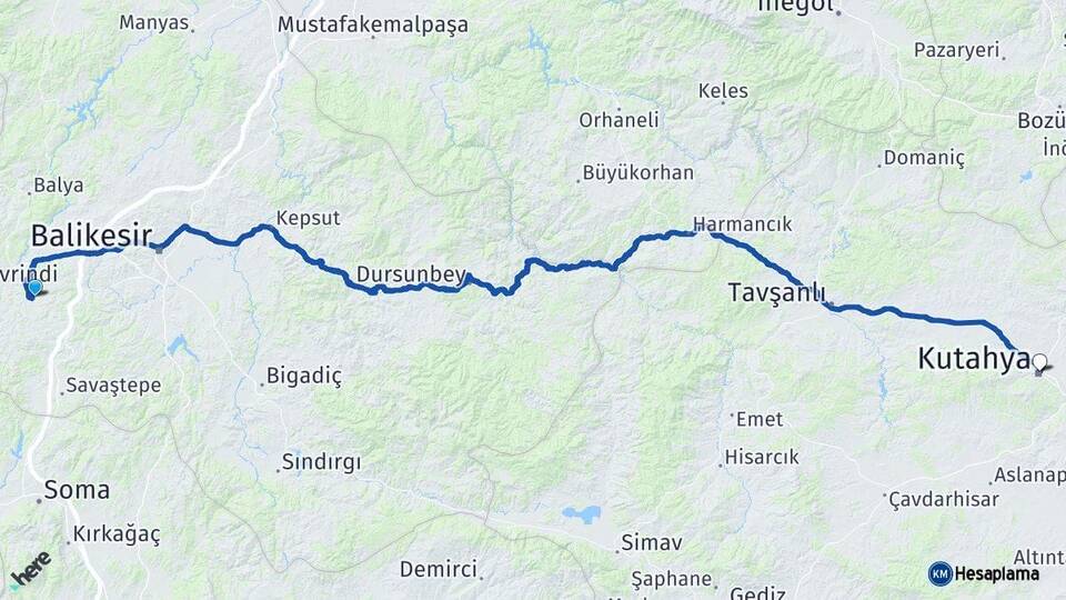 Balıkesir Altıeylül Kütahya Arası Kaç Km - Yol Haritası