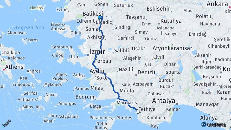 Balıkesir Altıeylül Ölüdeniz Fethiye Muğla Arası Kaç Km - Yol Haritası