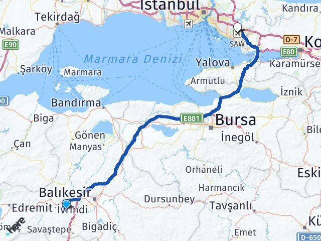 Balıkesir Altıeylül Sabiha Gökçen Havalimanı Arası Kaç Km - Yol Haritası