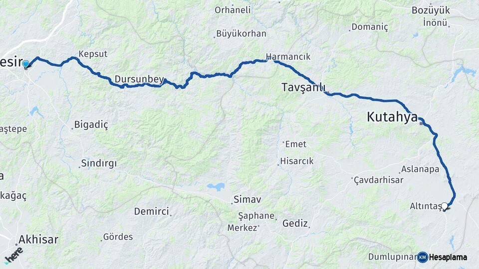 Balıkesir Altıntaş Kütahya Arası Kaç Km - Yol Haritası