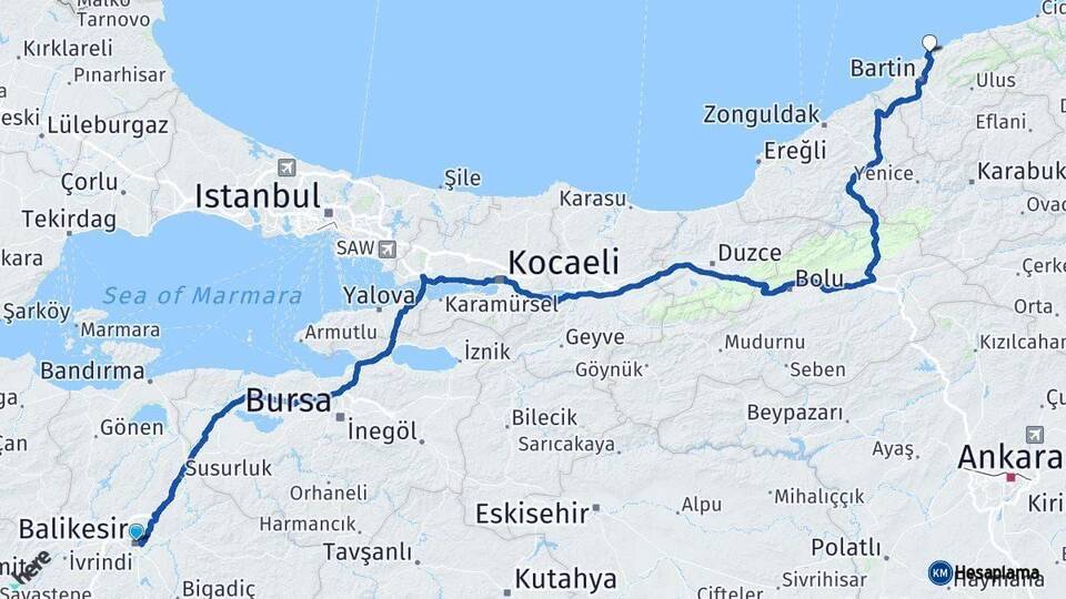 Balıkesir Amasra Bartın Arası Kaç Km - Yol Haritası