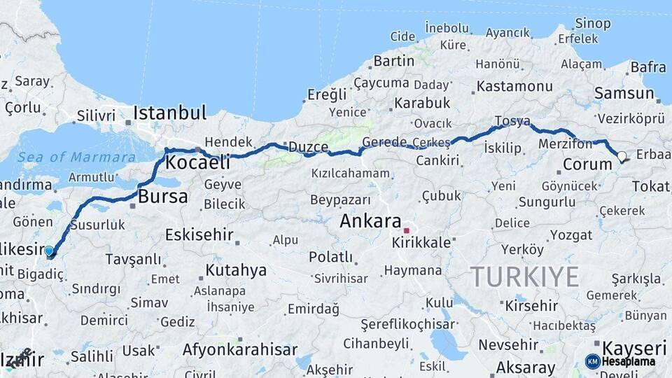 Balıkesir Amasya Arası Kaç Km - Yol Haritası