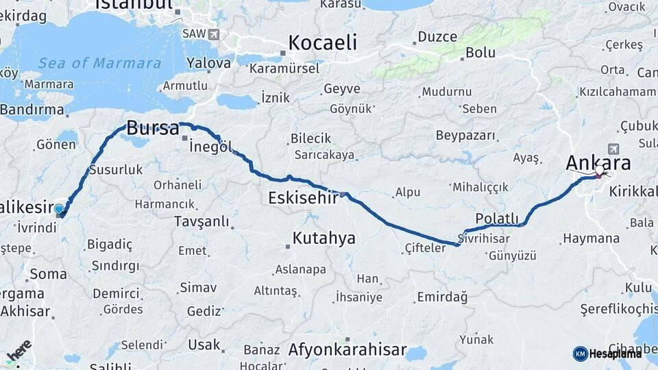 Balıkesir Ankara Arası Kaç Km - Yol Haritası