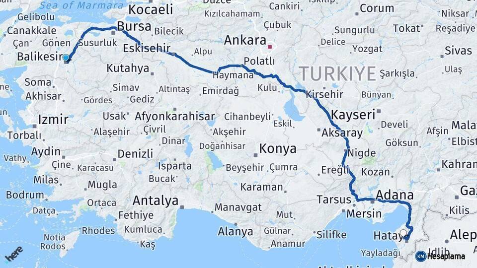 Balıkesir Antakya Hatay Arası Kaç Km - Yol Haritası