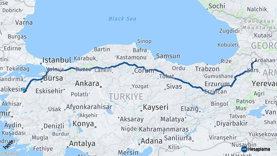 Balıkesir Ardahan Arası Kaç Km - Yol Haritası
