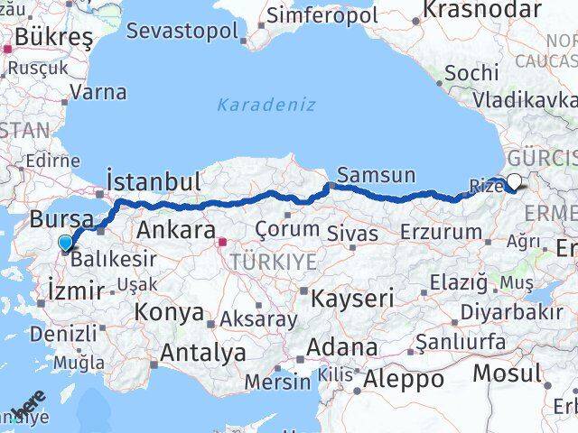 Balıkesir Ardanuç Artvin Arası Kaç Km - Yol Haritası