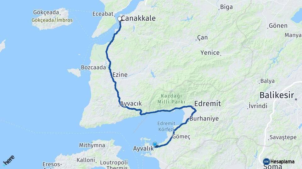 Balıkesir Ayvalık Çanakkale Arası Kaç Km - Yol Haritası