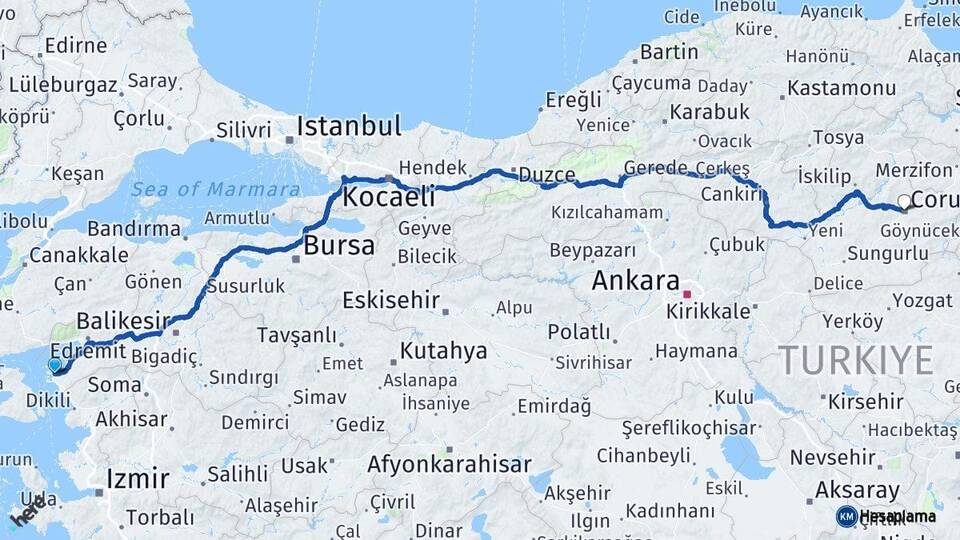 Balıkesir Ayvalık Çorum Arası Kaç Km - Yol Haritası