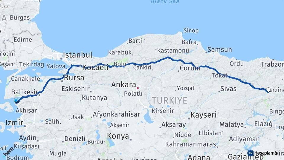 Balıkesir Ayvalık Erzincan Arası Kaç Km - Yol Haritası