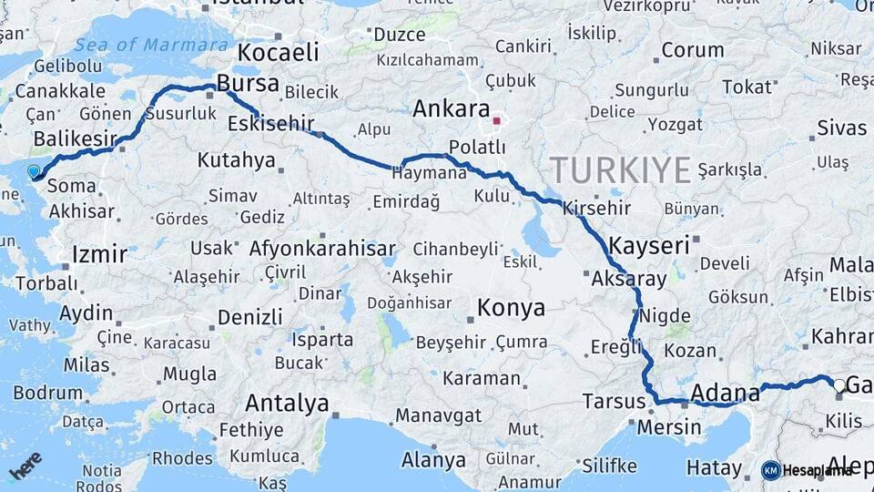 Balıkesir Ayvalık Gaziantep Arası Kaç Km - Yol Haritası
