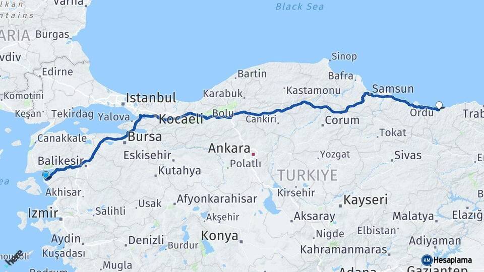 Balıkesir Ayvalık Giresun Arası Kaç Km - Yol Haritası