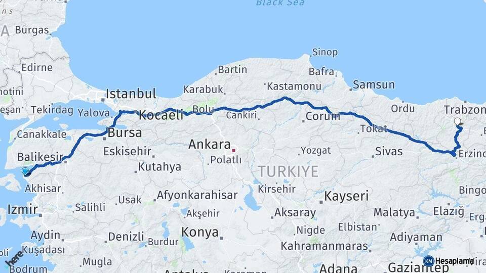 Balıkesir Ayvalık Gümüşhane Arası Kaç Km - Yol Haritası