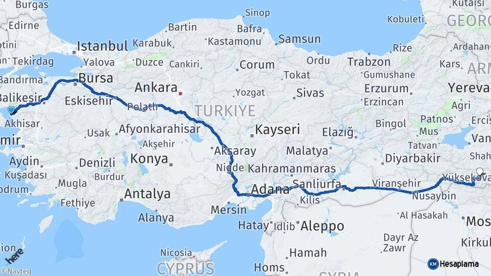Balıkesir Ayvalık Hakkari Arası Kaç Km - Yol Haritası