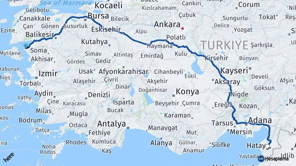 Balıkesir Ayvalık Hatay Arası Kaç Km - Yol Haritası